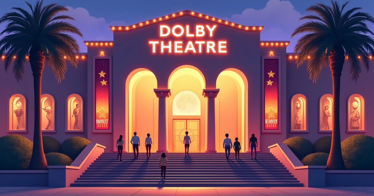 Fachada iluminada do Dolby Theatre em Hollywood à noite 