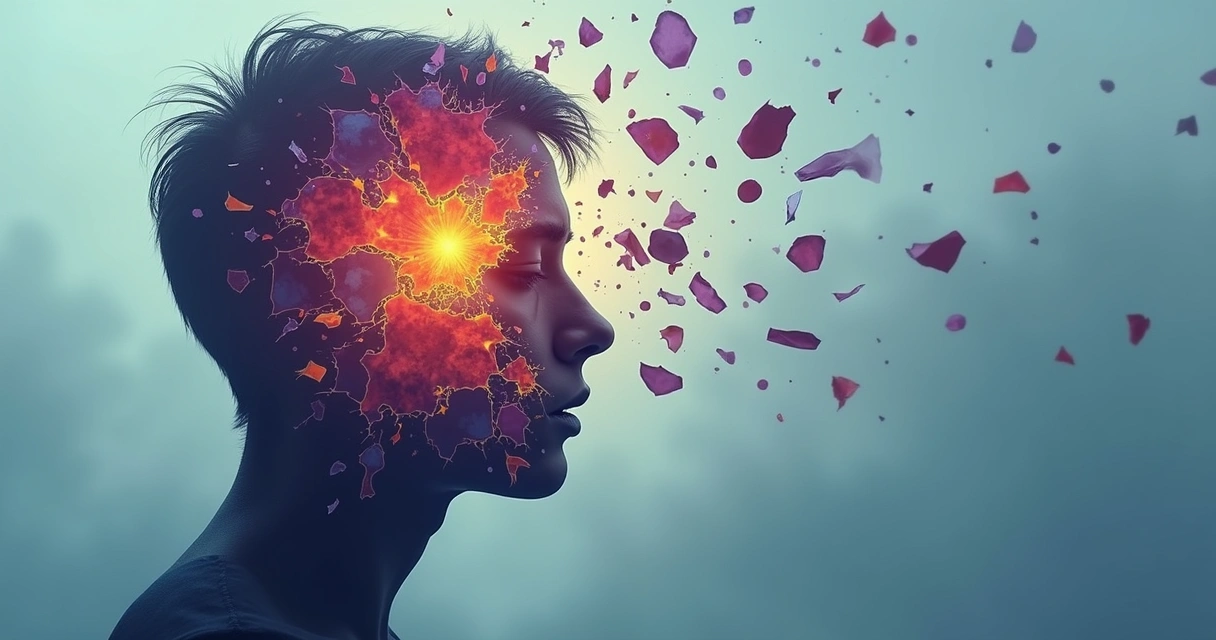 Ilustración de una figura humana partida en fragmentos de colores, cada fragmento reflejando una emoción como tristeza, miedo, o soledad, sobre un fondo suave que transmite introspección 