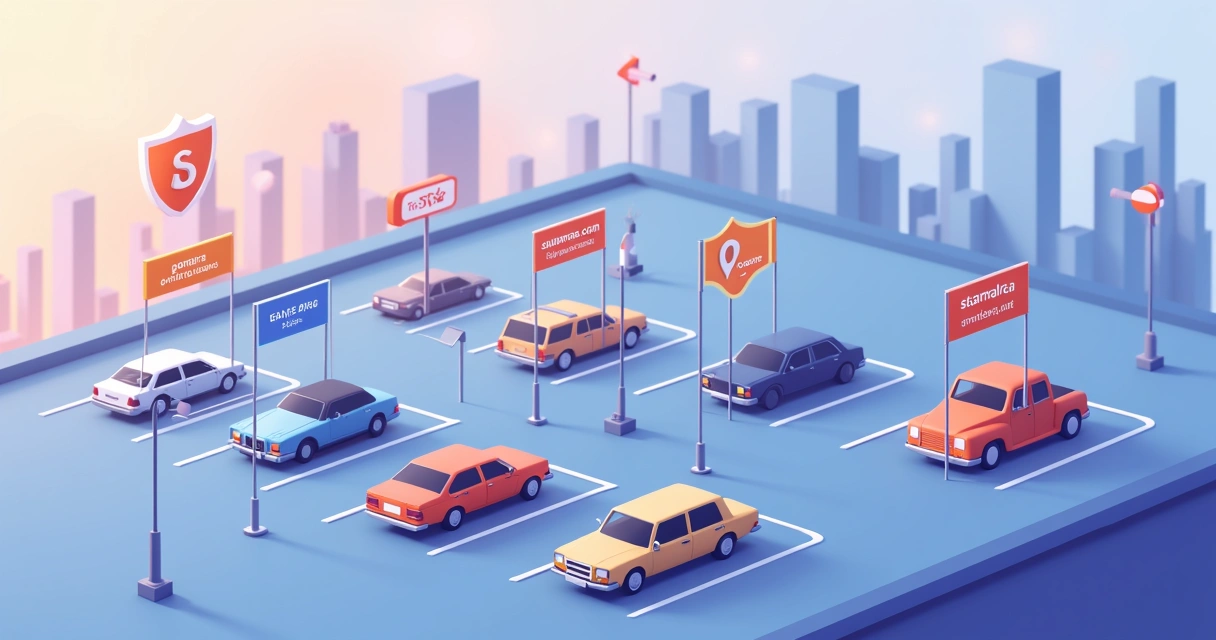 Conceito visual de domínio estacionado com placas de endereço web em um estacionamento digital 