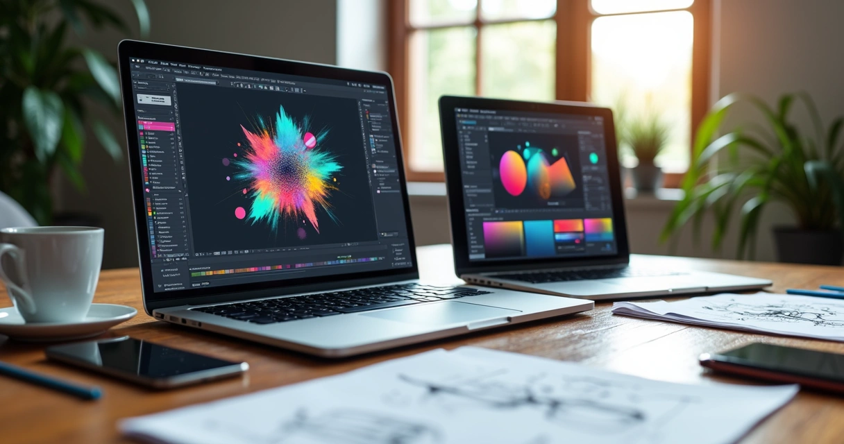 Mesa de trabalho com laptop aberto exibindo software de design gráfico, ao lado de tablet com paleta de cores e anotações manuscritas 