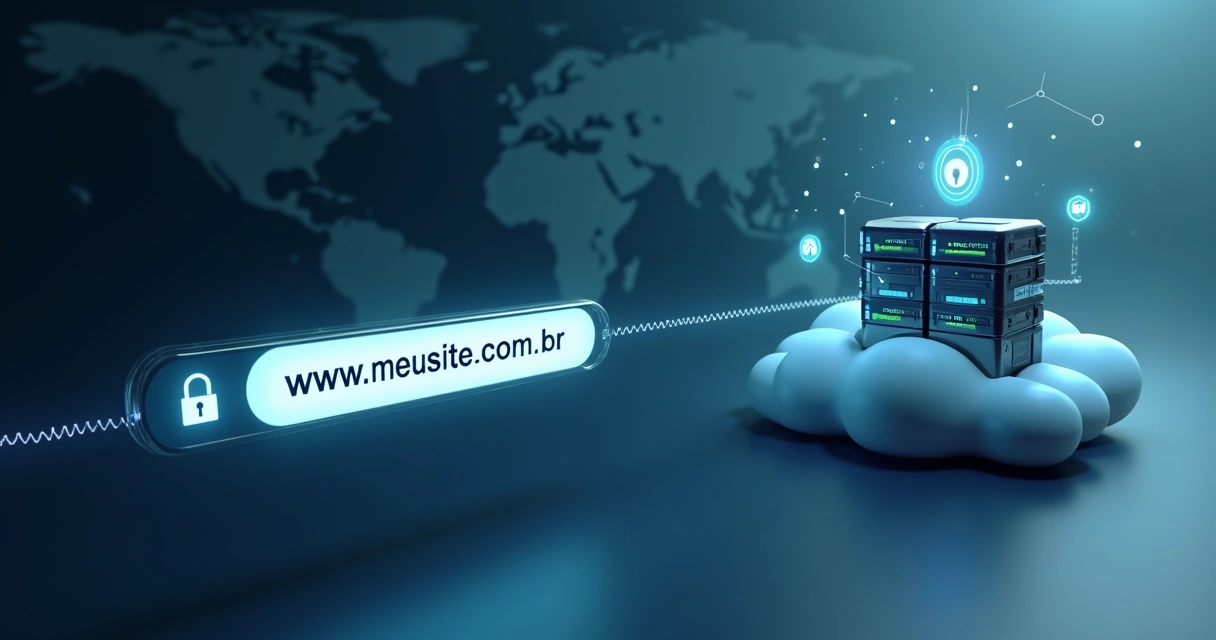 Conceito visual de domínio e hospedagem conectando endereço de site a servidor em nuvem 