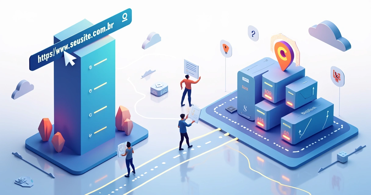 Mapa simplificado conectando domínio e hospedagem para criação de site 