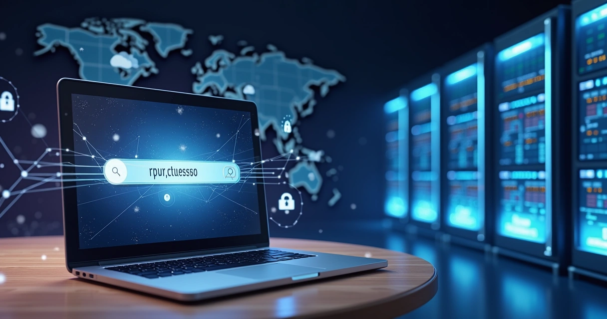 Conceito de domínio e hospedagem com tela de site ligada a servidor em nuvem 