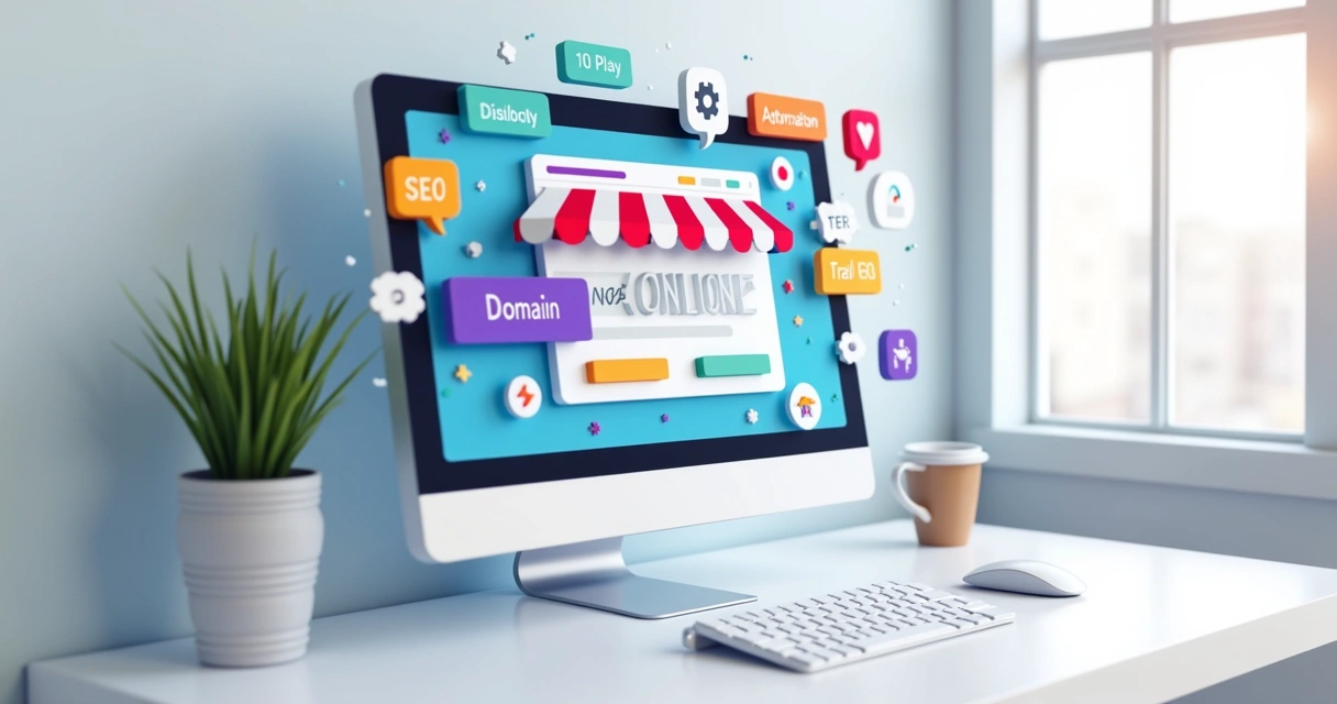 Modelo 3D de uma loja online com domínio próprio exibido no monitor, elementos digitais de SEO e integração de pagamento ao redor 