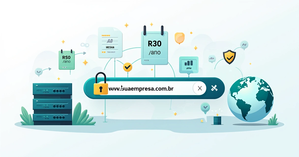 Ilustração de domínio de site com cadeado, tags de preço e globo digital 