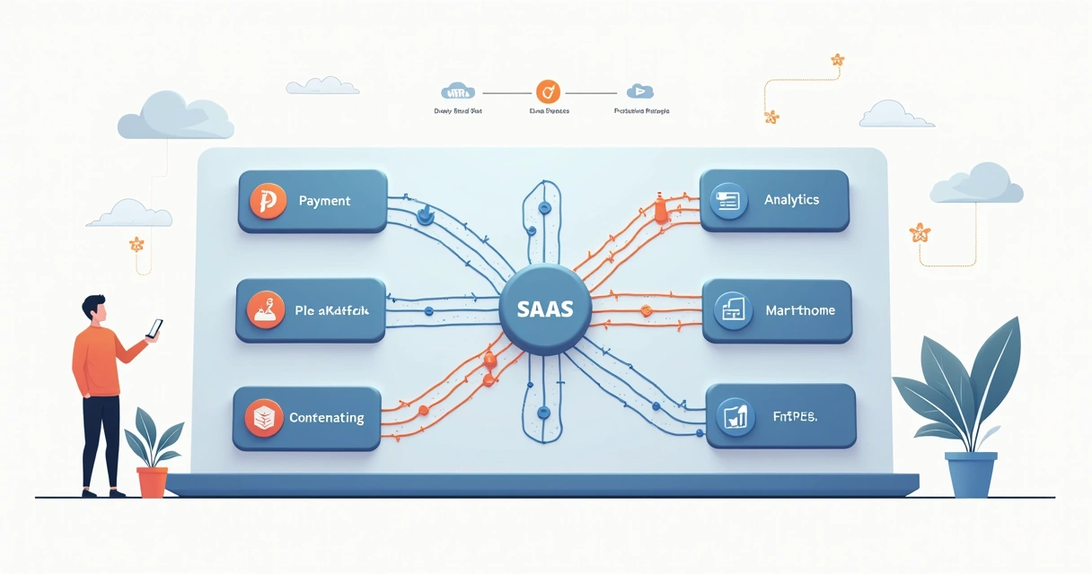 Ilustração com módulos de SaaS conectados por fluxos de dados padronizados entre si