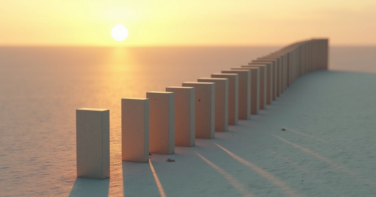 Single tilted domino starting a chain of colorful blocks at sunrise 