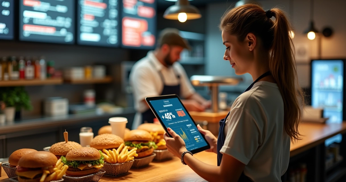 Dona de lanchonete olhando relatório de vendas em tablet ao lado do balcão de lanches 