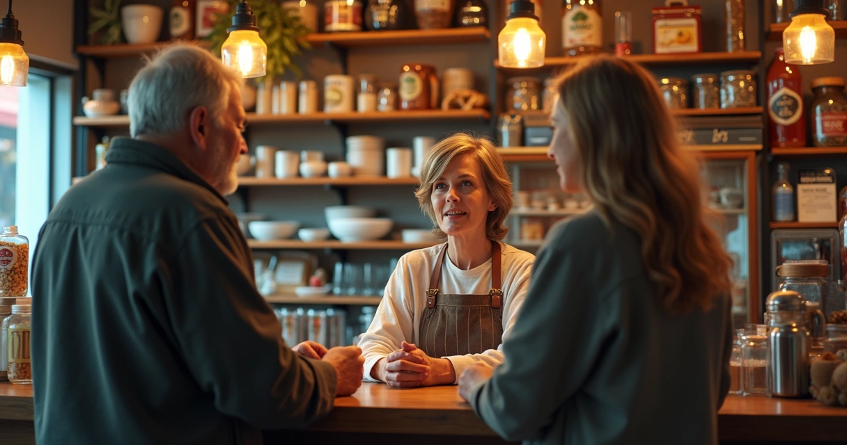 Dona de loja pequena conversando com clientes junto ao balcão 