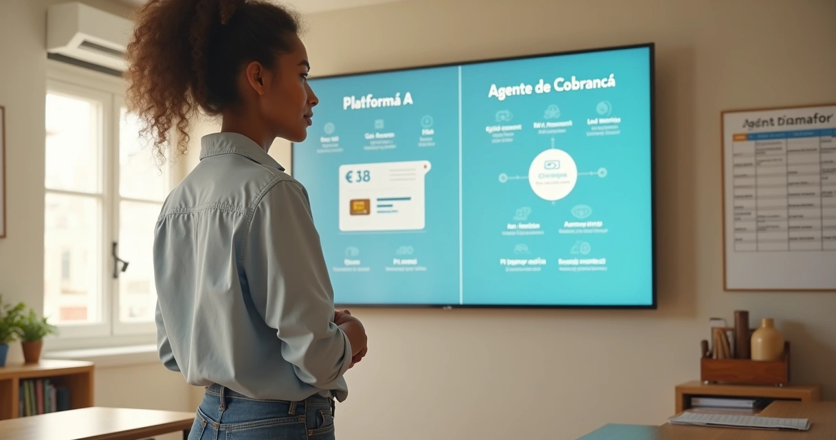 Dona de pequeno negócio comparando opções de ferramentas de cobrança em painel digital 
