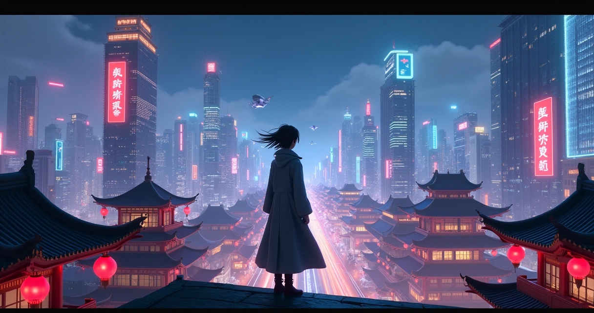 Cena de donghua com herói em cidade chinesa futurista iluminada por néons 