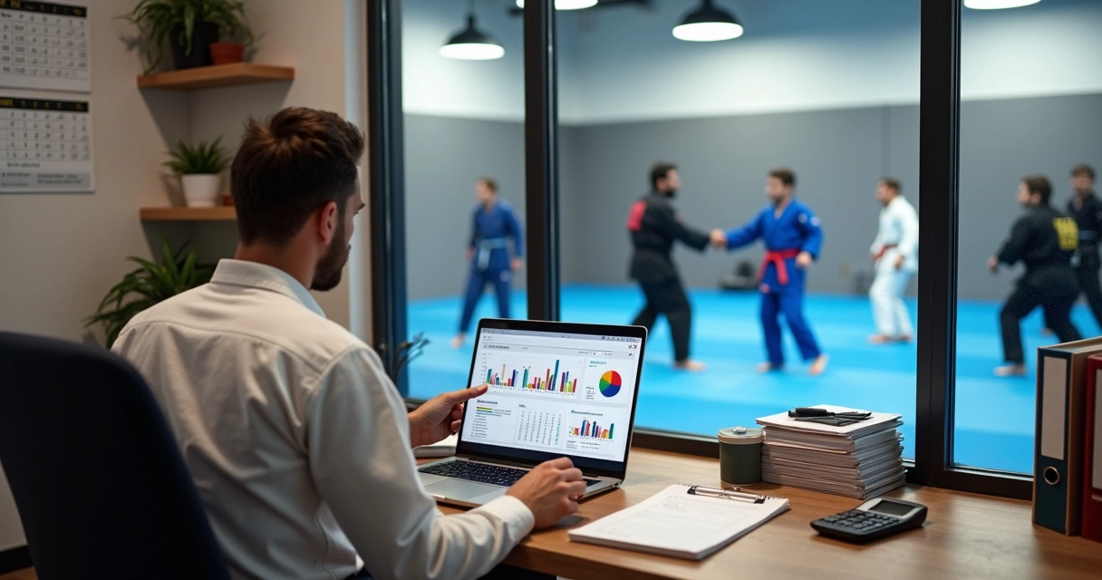 Gestor de academia de jiu-jitsu analisando finanças em mesa de escritório com tatame ao fundo 