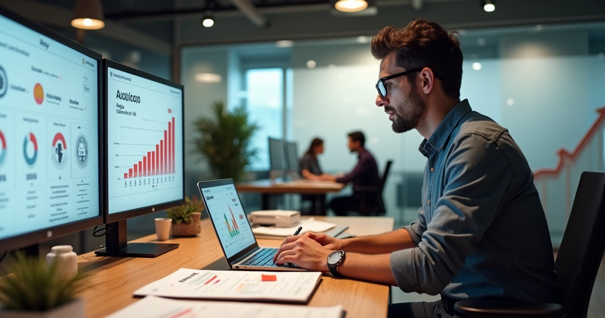 Dono de agência digital analisando gráficos de crescimento estagnado na tela 