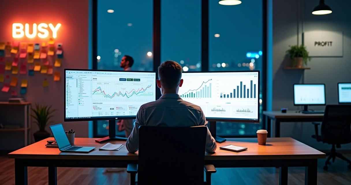 Dono de agência de marketing analisando indicadores de lucratividade em dois monitores 