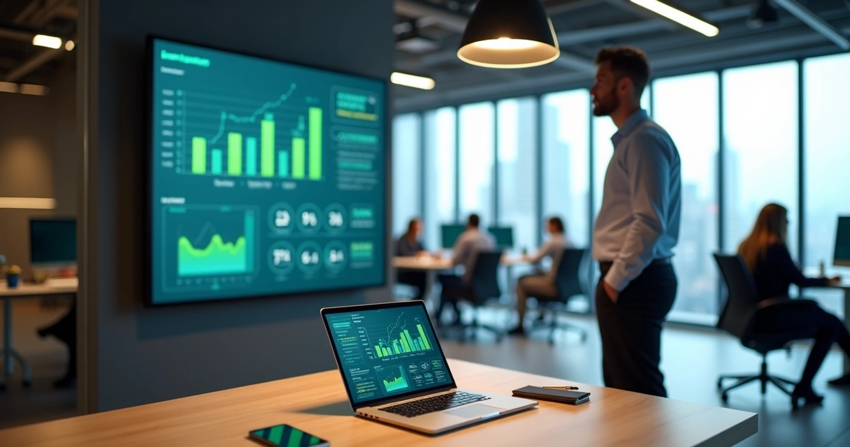 Dono de agência digital analisando gráficos de lucro em grande tela 