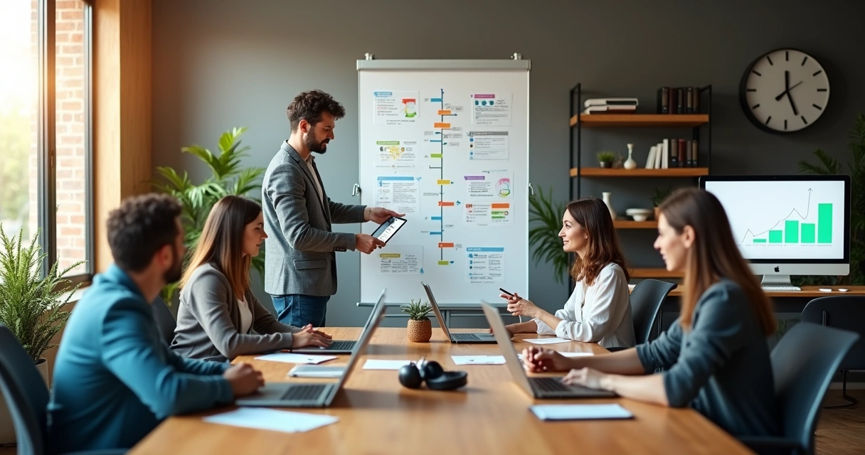 Dono de agência digital em pé delegando tarefas para equipe em sala moderna 