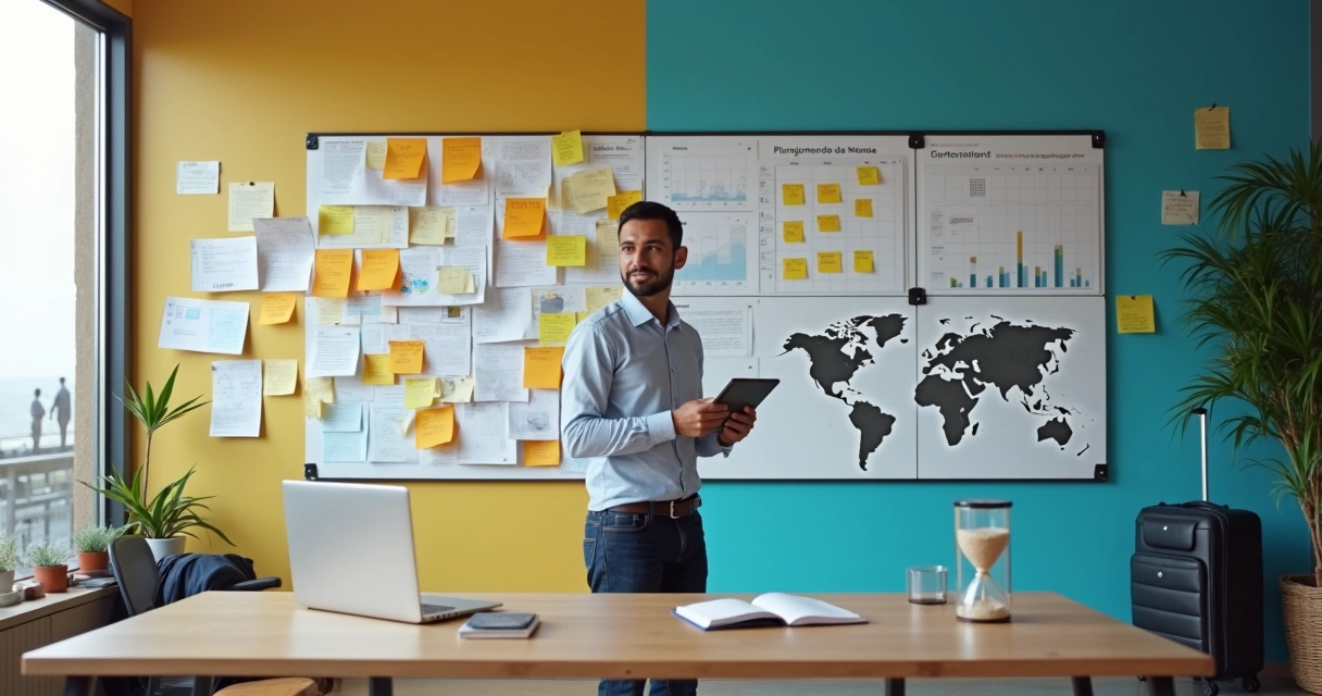 Gestor de agência de viagens organizando tarefas em mural dividido entre rotina e estratégia 