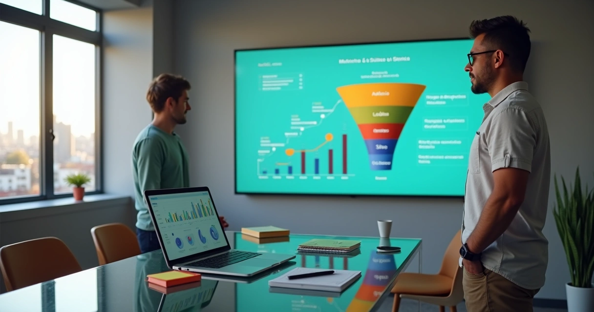 Dono de agência analisando funil de vendas previsível em painel de dados 
