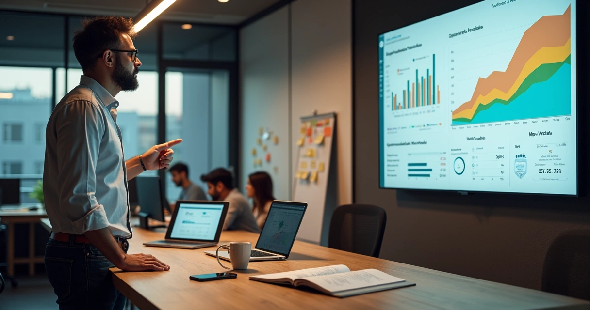 Dono de agência digital analisando painel de métricas e projeções de crescimento 