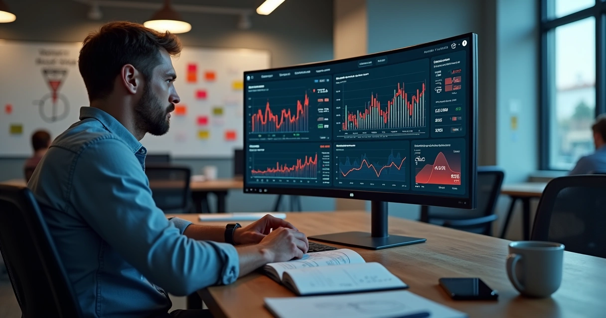 Dono de agência olhando para tela com gráficos de faturamento instáveis 