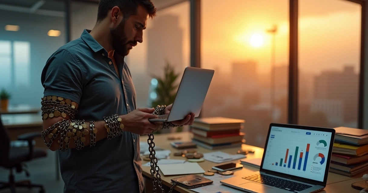 Dono de agência digital preso a correntes feitas de moedas pequenas olhando para clientes maiores ao fundo 