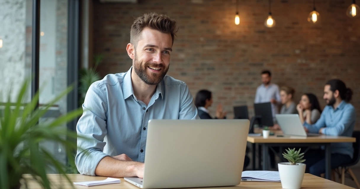Dono de PME se apresentando em um escritório moderno durante videoconferência. 