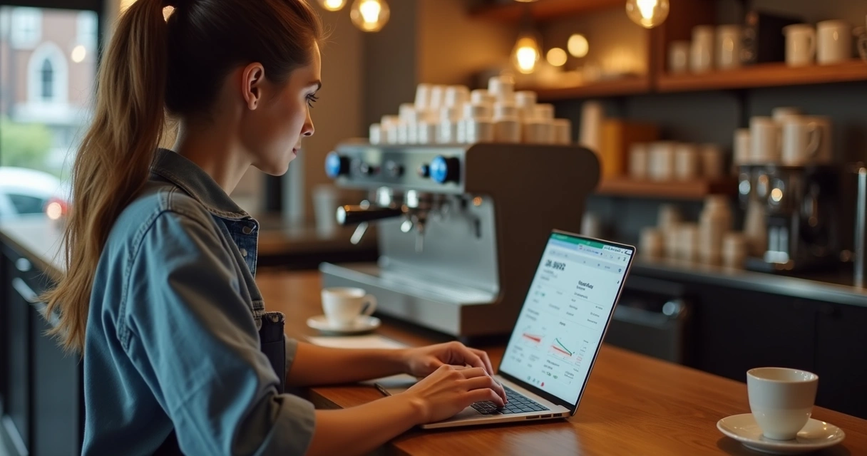 Dono de cafeteria olhando projeções no notebook 