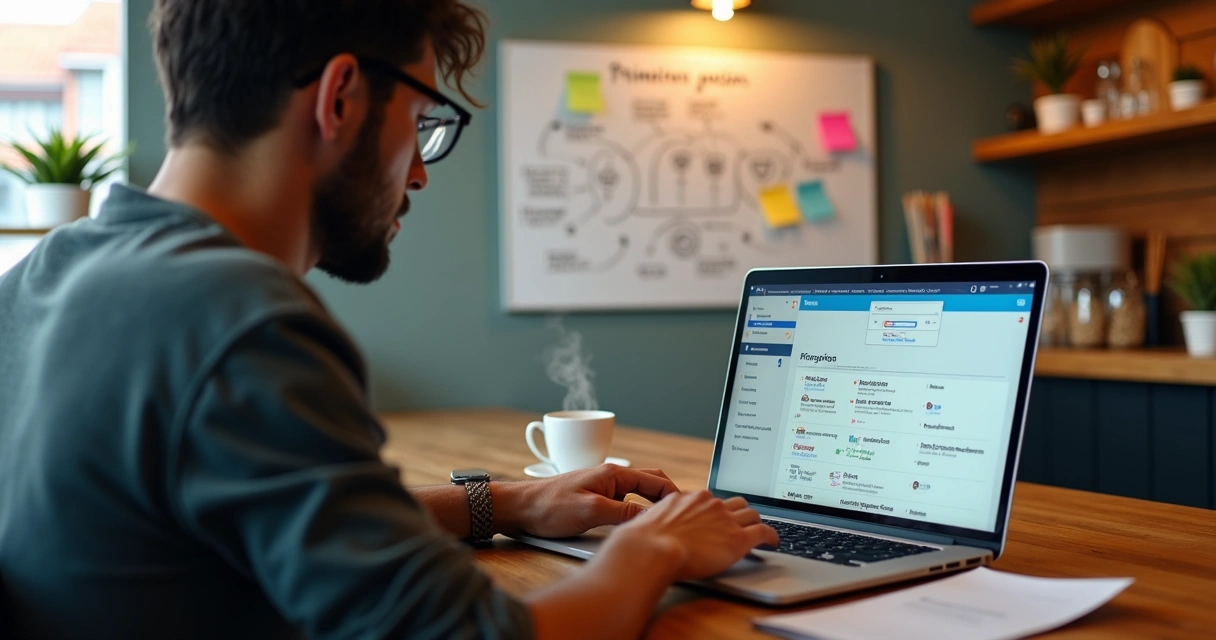 Comerciante em pequeno escritório seguindo tutorial de sistema online no notebook 