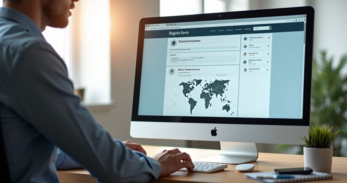 Pessoa analisando propriedade e dados de domínio em tela de computador 