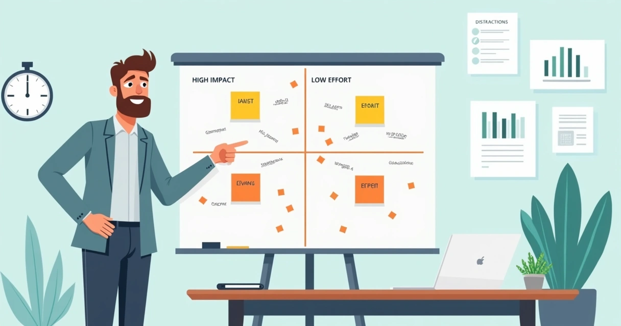 Empresário organizando prioridades da empresa em matriz de impacto e esforço em um quadro 