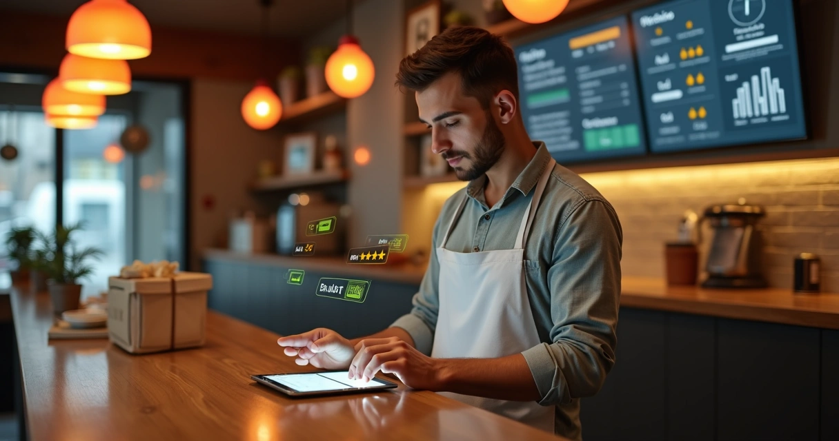 Dono de delivery analisando avaliações de clientes em tela com estrelas e comentários 