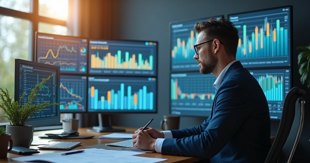 Empresário analisando indicadores financeiros em sala moderna com gráficos na parede 