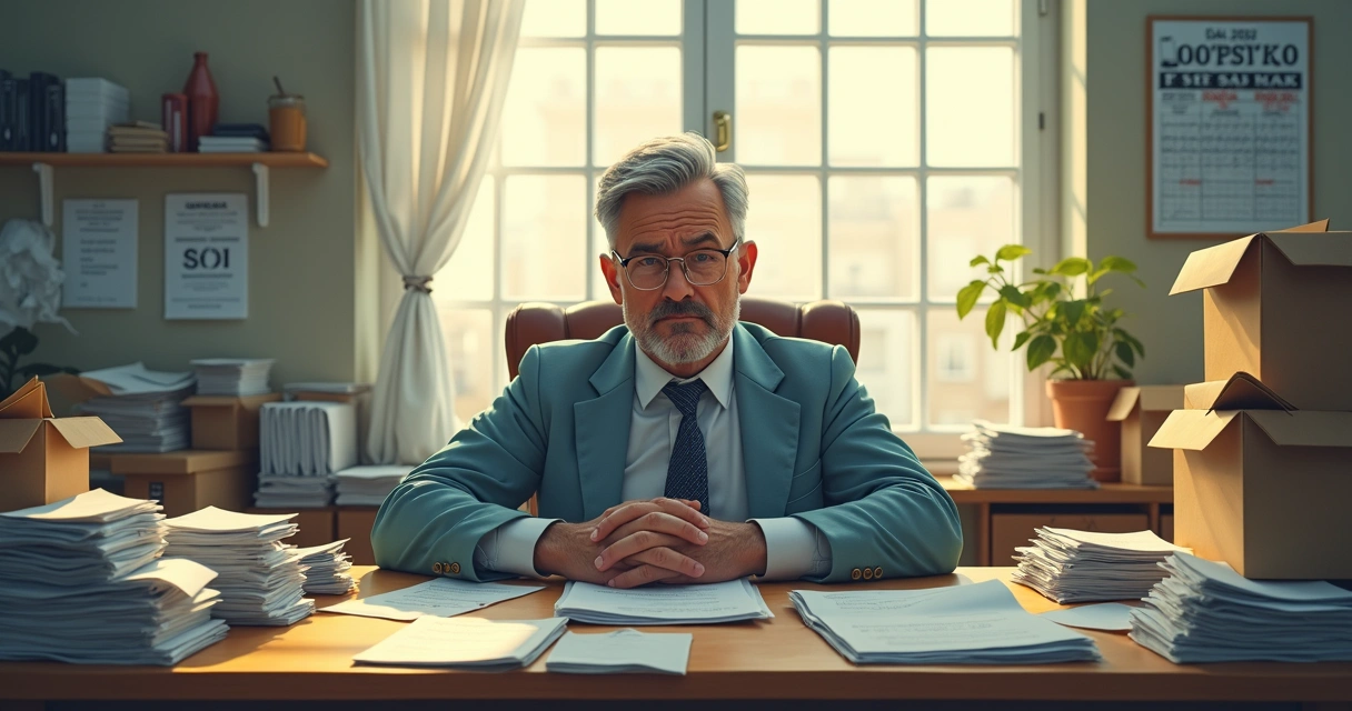 Dono de empresa olhando papéis com expressão preocupada 