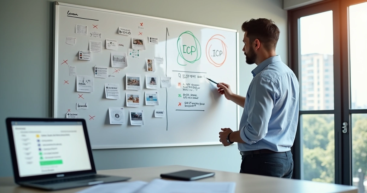 Empresário organizando quadro de perfil de cliente ideal no escritorio 