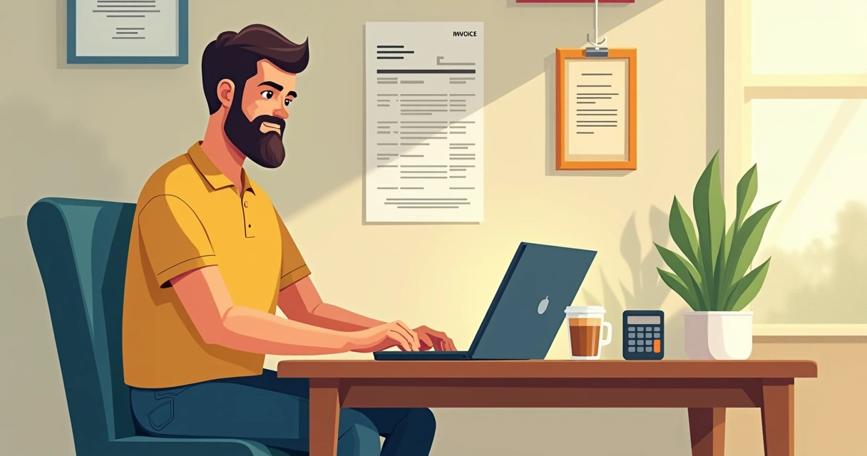 Homem de negócios sentado à mesa, olhando preocupado para a tela do computador, com papéis de contas ao redor