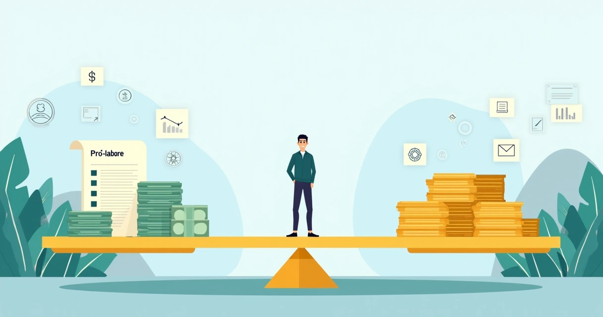 Empresário equilibrando pro labore e caixa da empresa em balança de dinheiro 