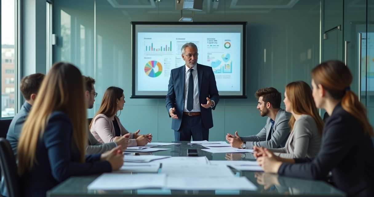 Empresário conversando com equipe em sala de reunião 