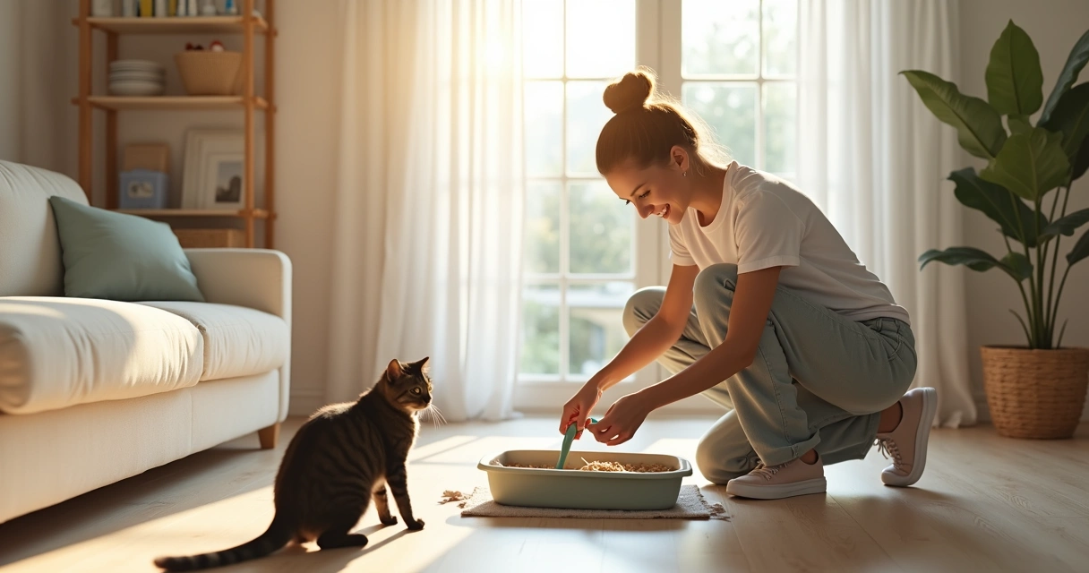 Pessoa limpando caixa de areia de gato com produtos de limpeza perto 