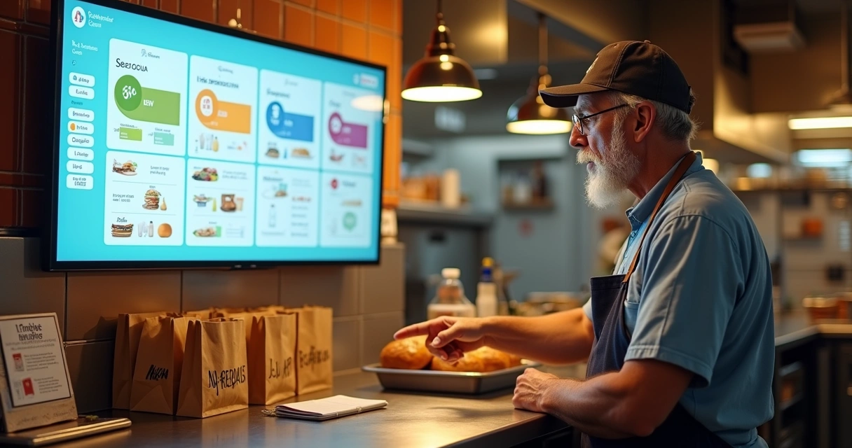 Dono de lanchonete organizando pedidos digitais em tela simples no fundo da cozinha 