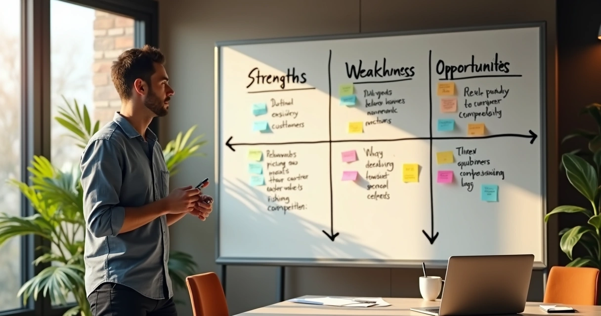 Empreendedor analisando SWOT no quadro 