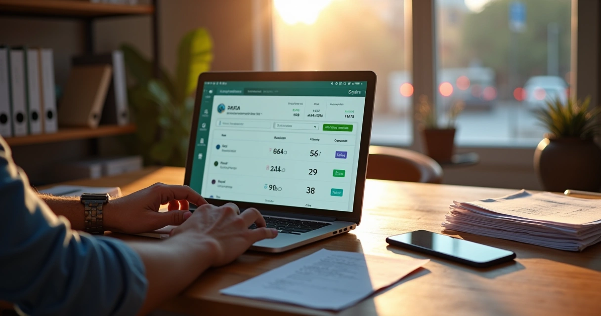 Dono de pequeno negócio conferindo pagamentos Pix no notebook com celular e extrato bancário 