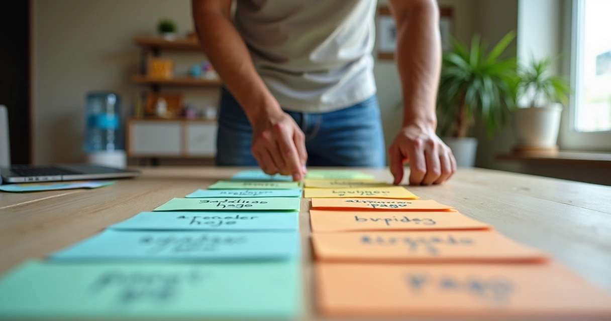 Dono de pequeno negócio separando contas a receber em cartões coloridos sobre mesa limpa 