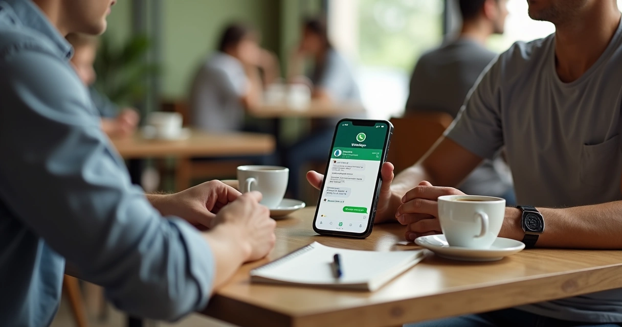 Pequeno empresário mostrando cobrança amigável por WhatsApp para cliente em mesa de cafeteria 