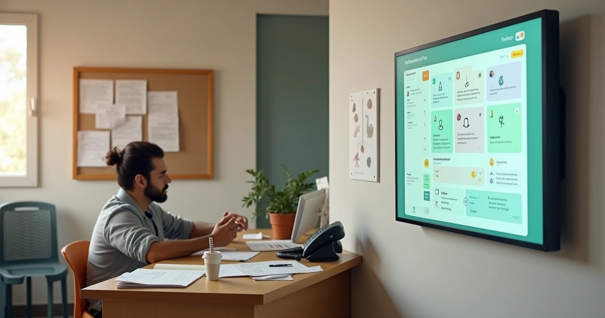 Dono de pequeno negócio cercado por papéis olhando painel digital de cobranças em tela grande 