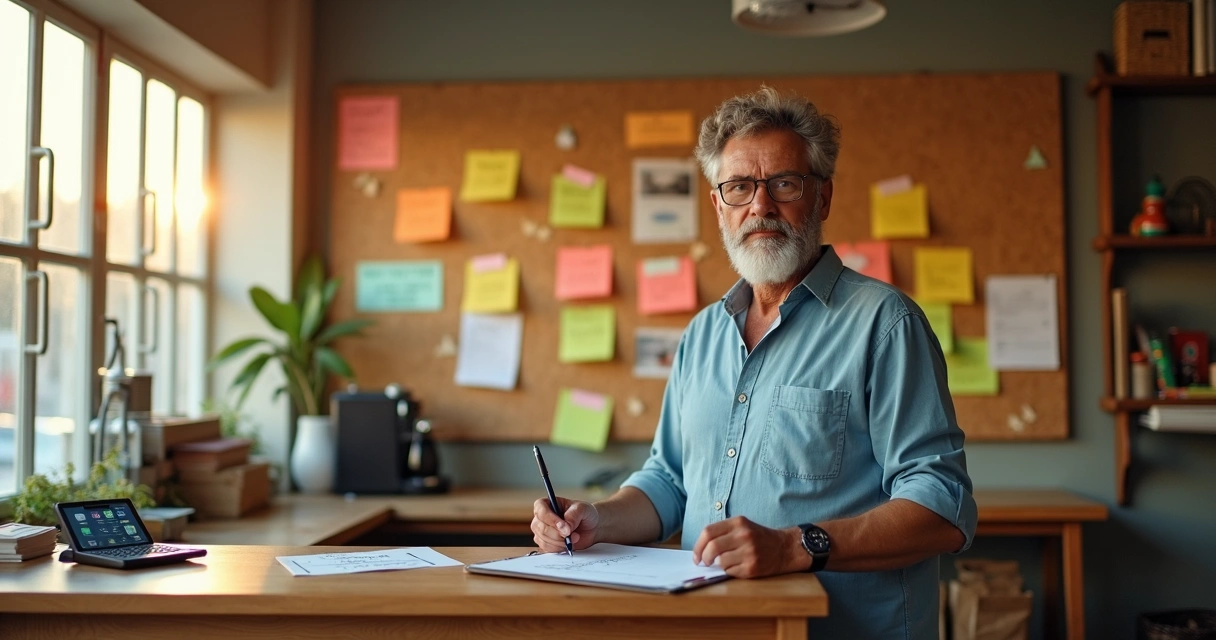 Pequeno empresário em balcão usando mural de post-its para organizar contas em atraso 