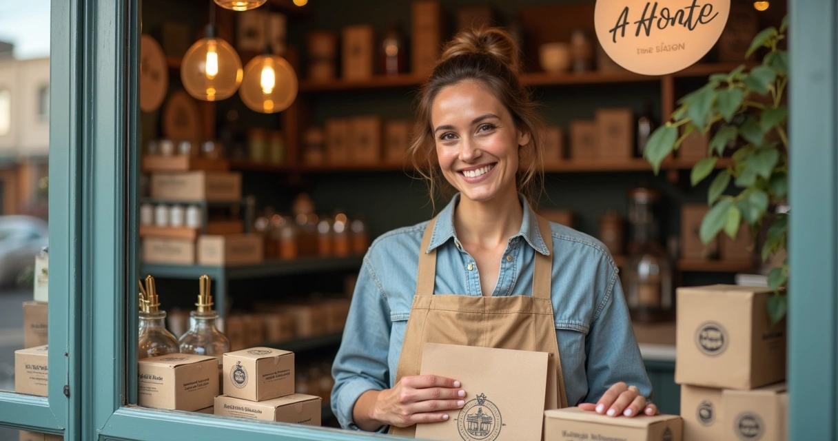 Dono de pequeno negócio satisfeito com nova identidade visual
