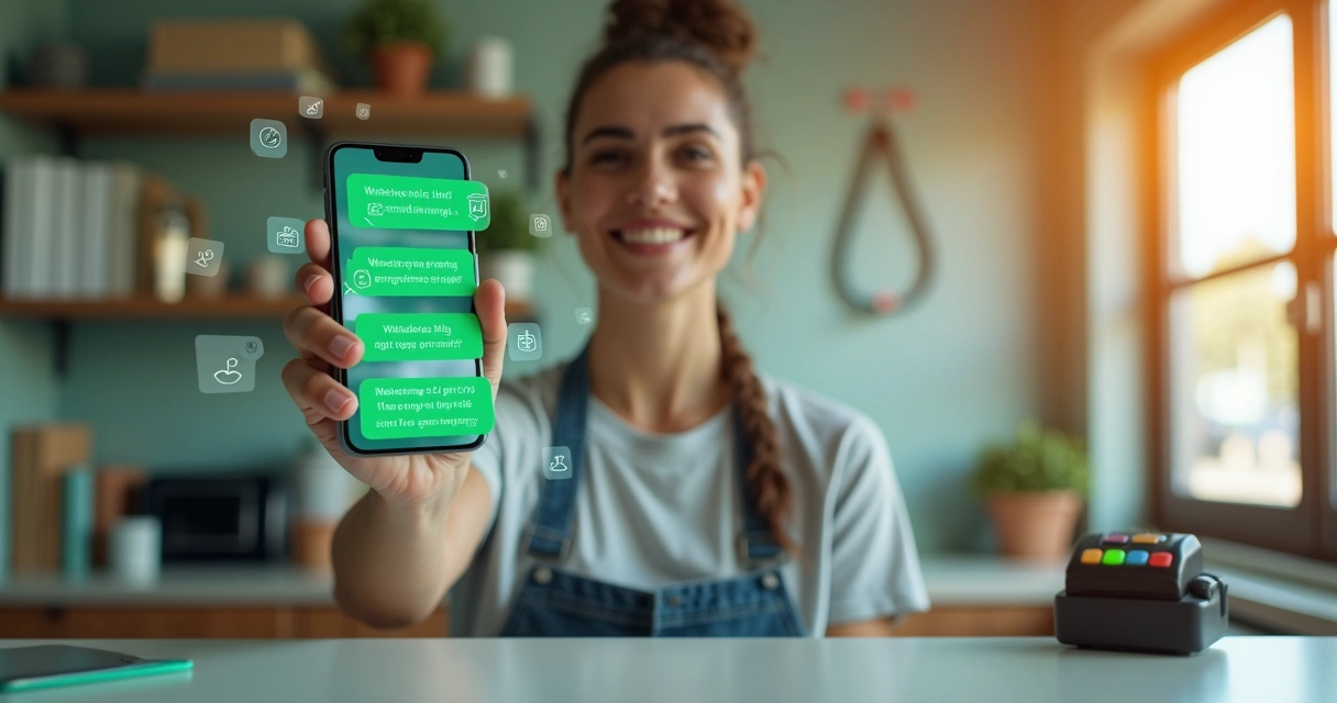 Pequeno empresário em loja usando modelos prontos de mensagem de cobrança no WhatsApp 
