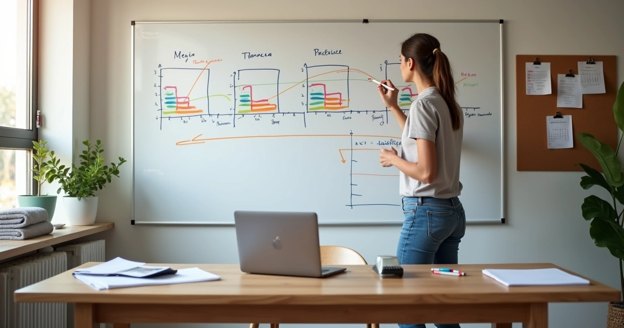 Dono de pequeno negócio fazendo planejamento financeiro em quadro branco com gráficos simples 