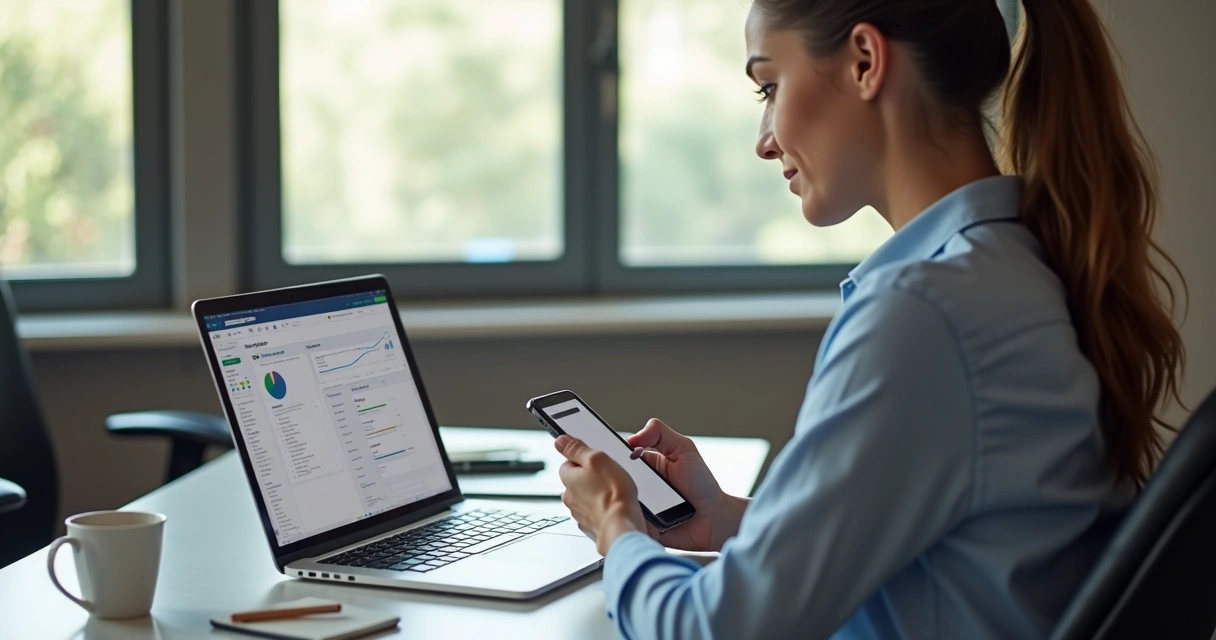 Dono de pequena empresa acompanhando vendas no celular e notebook