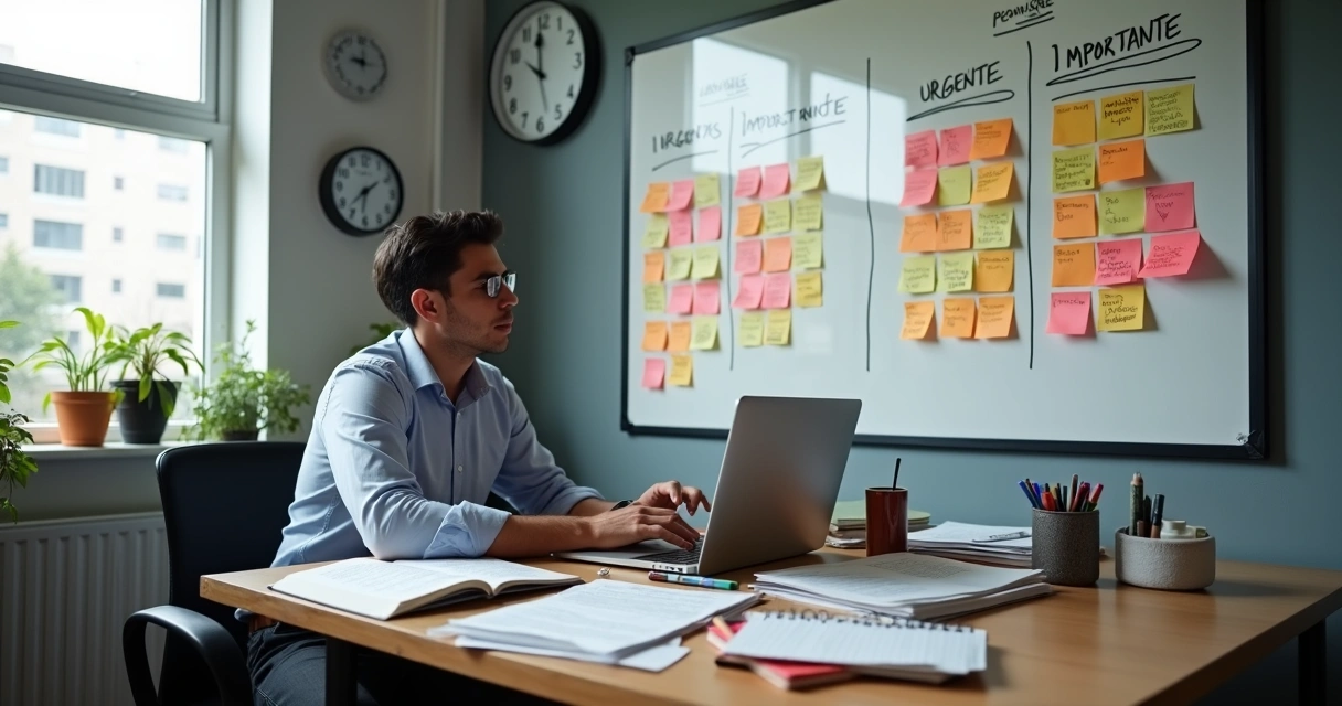 Dono de pequena empresa em mesa caótica com relogios e relatorios ao redor 